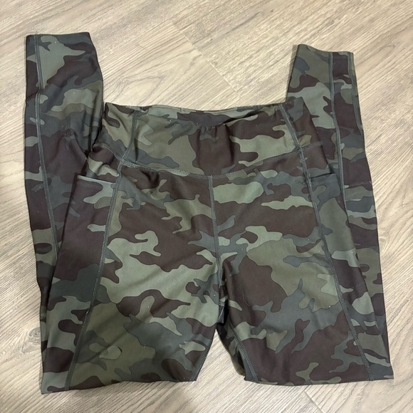 Camo Print Green Brown Leggings Side Pockets Size M - Picture 2 of 9